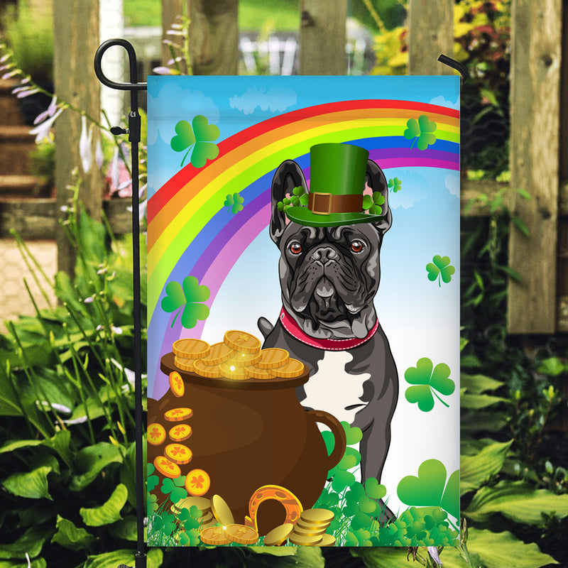French Bulldog St Patrick s Day Dog Flag Funny Peeking Dog Wear Green Hat Golden Pot Coin Shamrock Rainbow Spring Banner for Home Decor Garden Flag mockup 2 800x.jpg