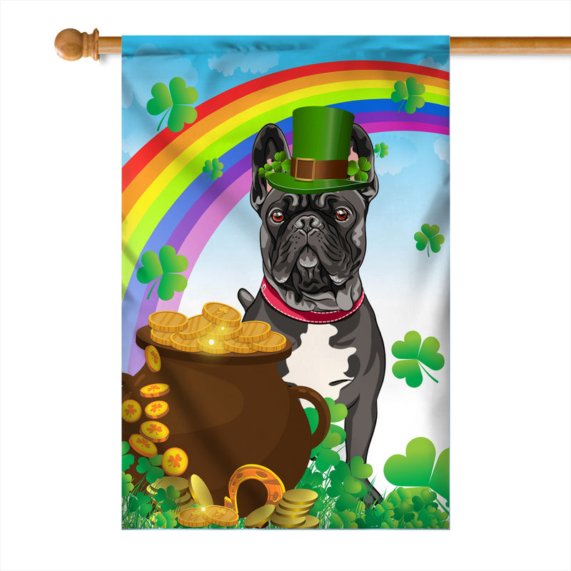 French Bulldog St Patrick s Day Dog Flag Funny Peeking Dog Wear Green Hat Golden Pot Coin Shamrock Rainbow Spring Banner for Home Decor House Flag mockup 1 800x.jpg