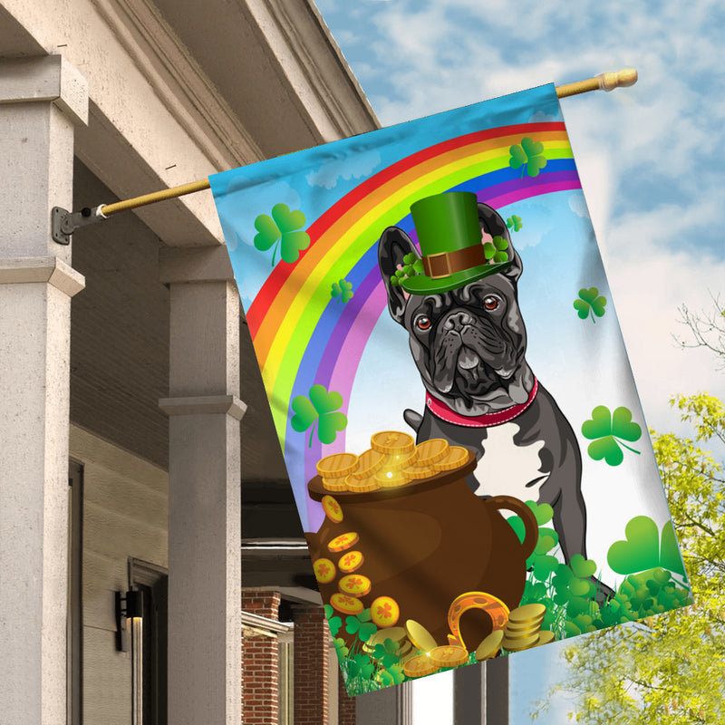 French Bulldog St Patrick s Day Dog Flag Funny Peeking Dog Wear Green Hat Golden Pot Coin Shamrock Rainbow Spring Banner for Home Decor House Flag mockup 2 800x.jpg
