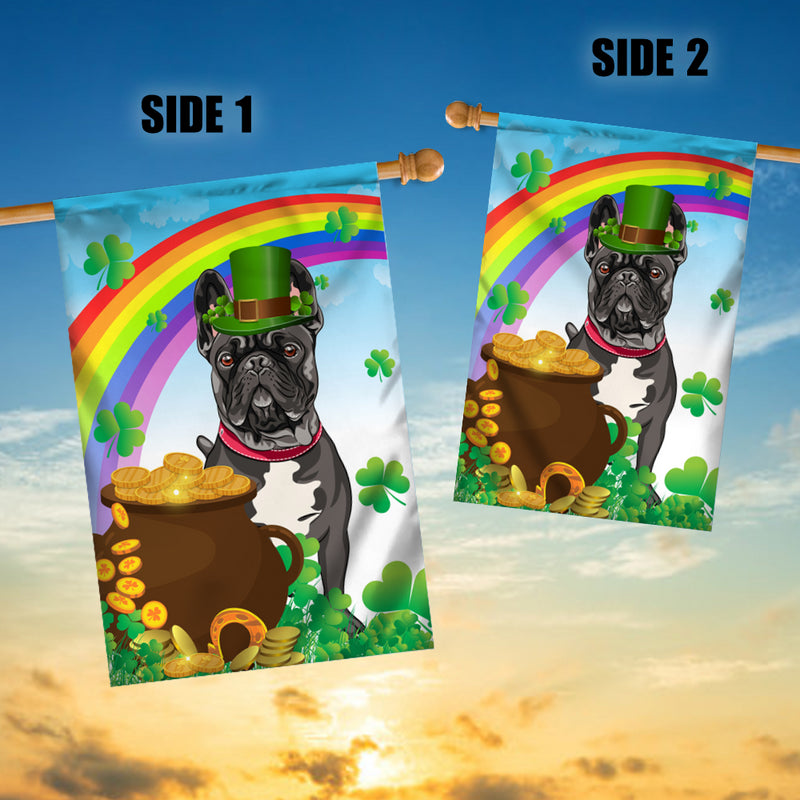 French Bulldog St Patrick s Day Dog Flag Funny Peeking Dog Wear Green Hat Golden Pot Coin Shamrock Rainbow Spring Banner for Home Decor House Flag mockup 3 800x.jpg