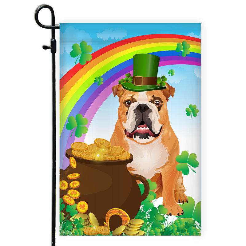 Bulldog St Patrick s Day Dog Flag Funny Peeking Dog Wear Green Hat Golden Pot Coin Shamrock Rainbow Spring Banner for Home Decor Garden Flag mockup 1 800x.jpg