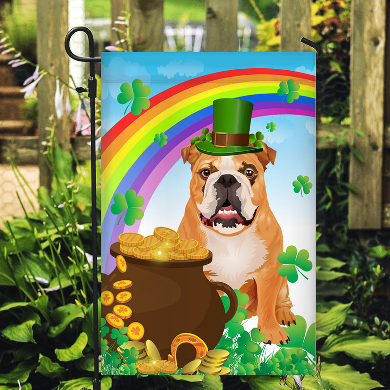 Bulldog St Patrick s Day Dog Flag Funny Peeking Dog Wear Green Hat Golden Pot Coin Shamrock Rainbow Spring Banner for Home Decor Garden Flag mockup 2 800x.jpg
