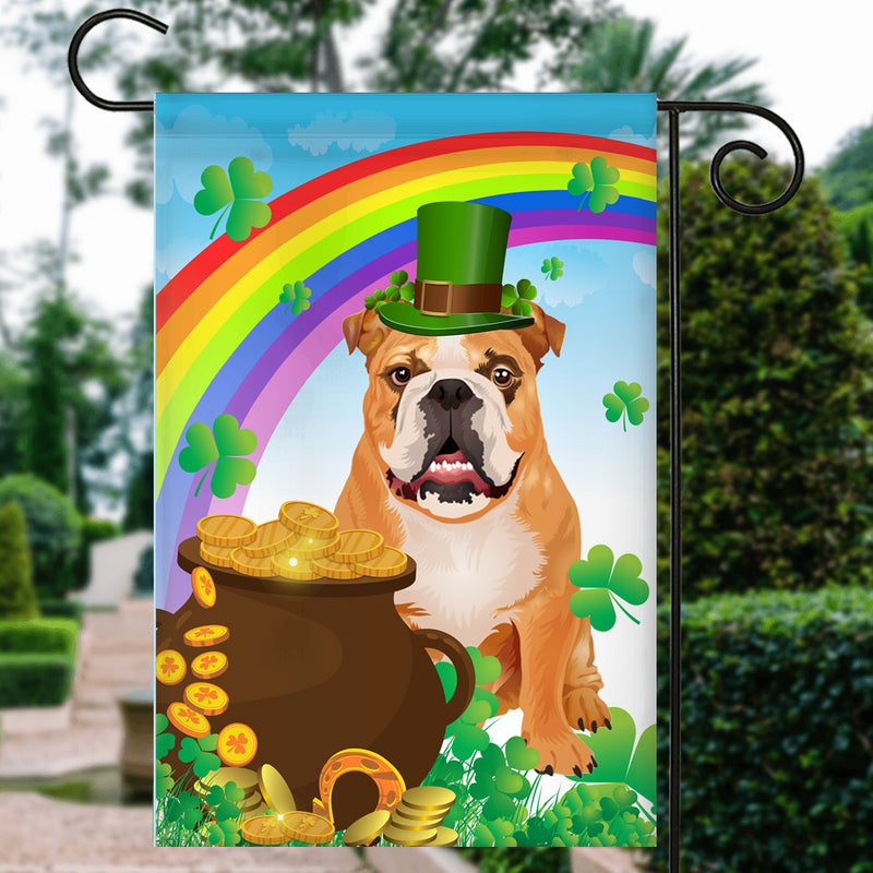 Bulldog St Patrick s Day Dog Flag Funny Peeking Dog Wear Green Hat Golden Pot Coin Shamrock Rainbow Spring Banner for Home Decor Garden Flag mockup 3 800x.jpg