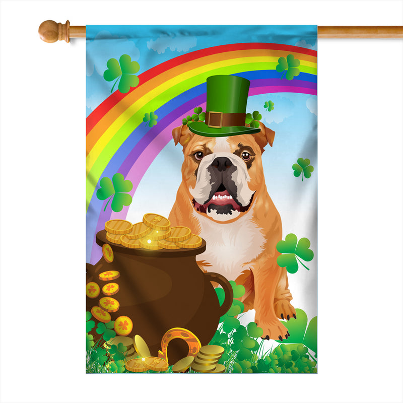Bulldog St Patrick s Day Dog Flag Funny Peeking Dog Wear Green Hat Golden Pot Coin Shamrock Rainbow Spring Banner for Home Decor House Flag mockup 1 800x.jpg