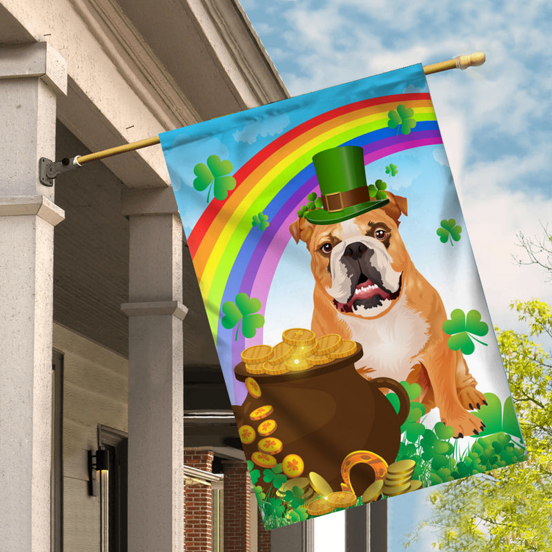 Bulldog St Patrick s Day Dog Flag Funny Peeking Dog Wear Green Hat Golden Pot Coin Shamrock Rainbow Spring Banner for Home Decor House Flag mockup 2 800x.jpg