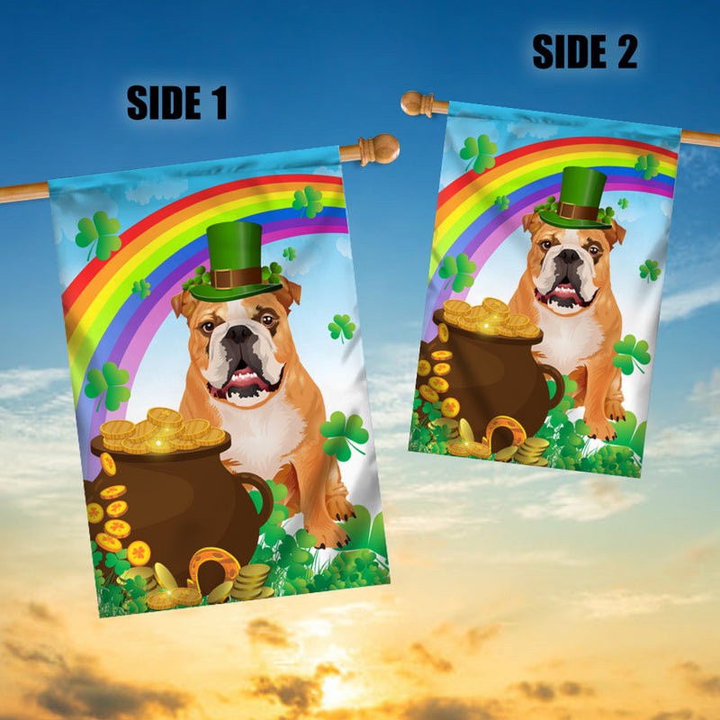 Bulldog St Patrick s Day Dog Flag Funny Peeking Dog Wear Green Hat Golden Pot Coin Shamrock Rainbow Spring Banner for Home Decor House Flag mockup 3 800x.jpg