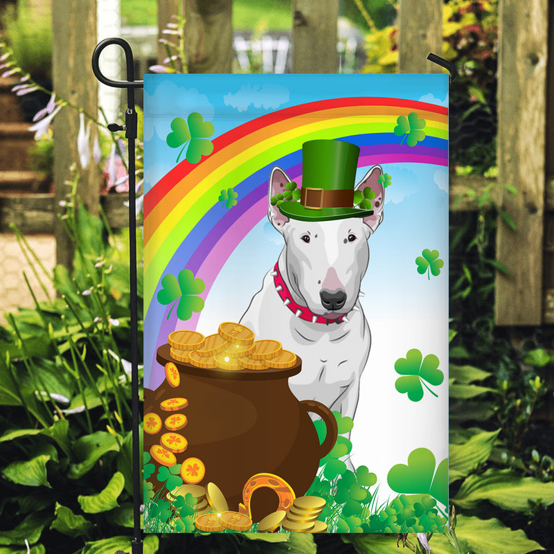 Bull Terrier St Patrick s Day Dog Flag Funny Peeking Dog Wear Green Hat Golden Pot Coin Shamrock Rainbow Spring Banner for Home Decor Garden Flag mockup 2 800x.jpg