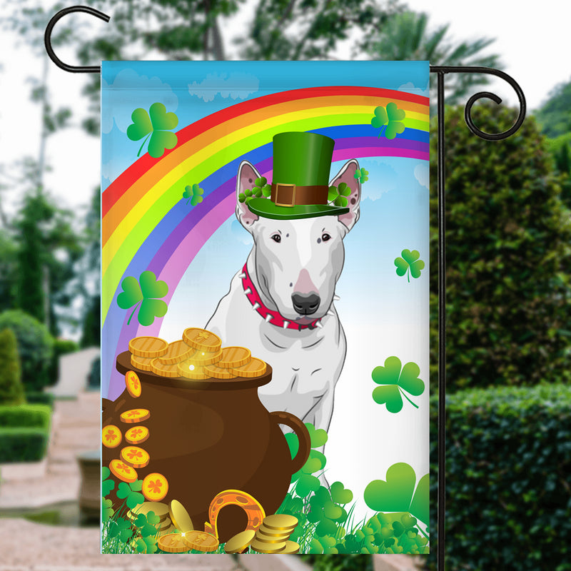 Bull Terrier St Patrick s Day Dog Flag Funny Peeking Dog Wear Green Hat Golden Pot Coin Shamrock Rainbow Spring Banner for Home Decor Garden Flag mockup 3 800x.jpg