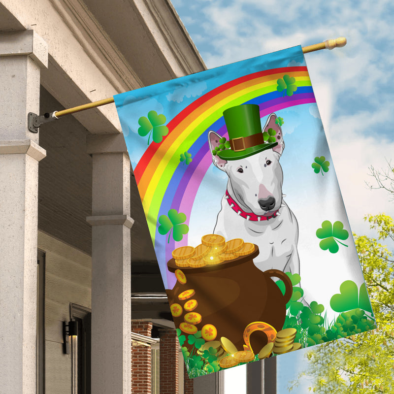 Bull Terrier St Patrick s Day Dog Flag Funny Peeking Dog Wear Green Hat Golden Pot Coin Shamrock Rainbow Spring Banner for Home Decor House Flag mockup 2 800x.jpg