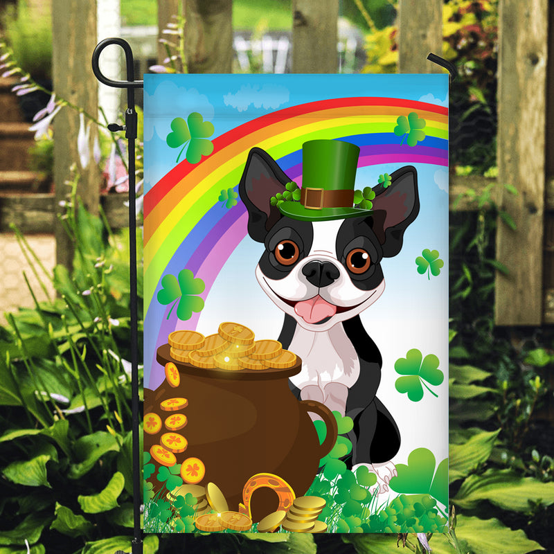 Boston Terrier St Patrick s Day Dog Flag Funny Peeking Dog Wear Green Hat Golden Pot Coin Shamrock Rainbow Spring Banner for Home Decor Garden Flag mockup 2 800x.jpg
