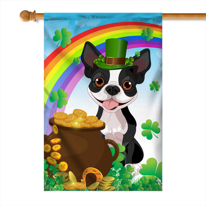 Boston Terrier St Patrick s Day Dog Flag Funny Peeking Dog Wear Green Hat Golden Pot Coin Shamrock Rainbow Spring Banner for Home Decor House Flag mockup 1 800x.jpg