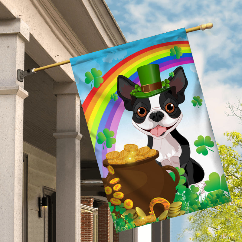 Boston Terrier St Patrick s Day Dog Flag Funny Peeking Dog Wear Green Hat Golden Pot Coin Shamrock Rainbow Spring Banner for Home Decor House Flag mockup 2 800x.jpg
