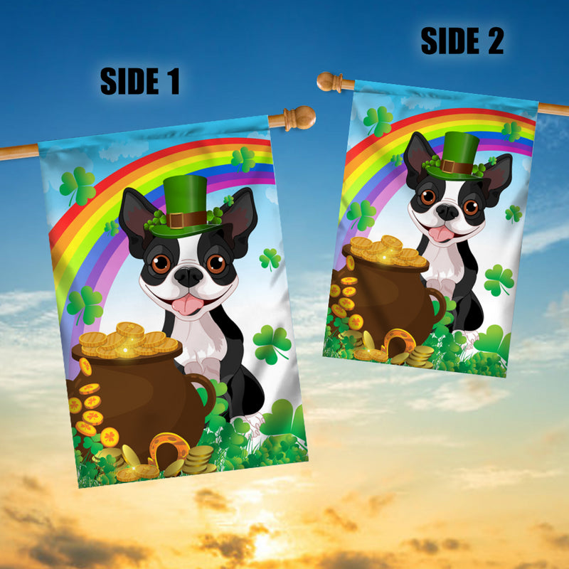 Boston Terrier St Patrick s Day Dog Flag Funny Peeking Dog Wear Green Hat Golden Pot Coin Shamrock Rainbow Spring Banner for Home Decor House Flag mockup 3 800x.jpg