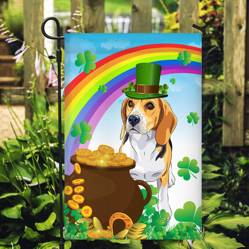 Beagle St Patrick s Day Dog Flag Funny Peeking Dog Wear Green Hat Golden Pot Coin Shamrock Rainbow Spring Banner for Home Decor Garden Flag mockup 2 800x.jpg