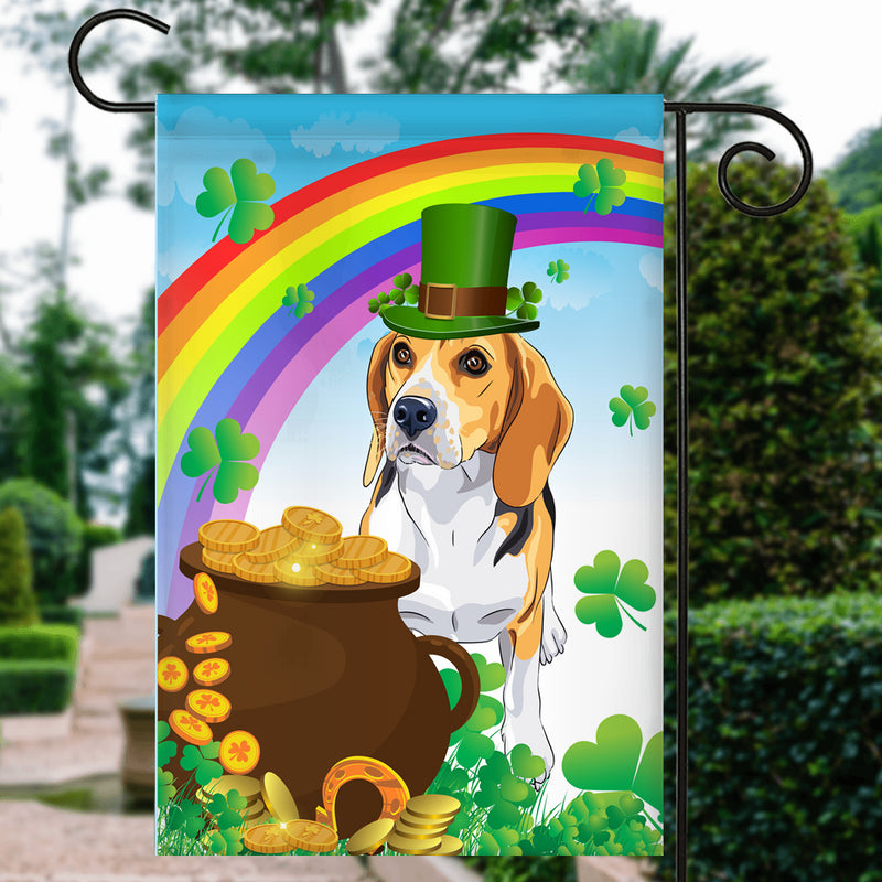 Beagle St Patrick s Day Dog Flag Funny Peeking Dog Wear Green Hat Golden Pot Coin Shamrock Rainbow Spring Banner for Home Decor Garden Flag mockup 3 800x.jpg