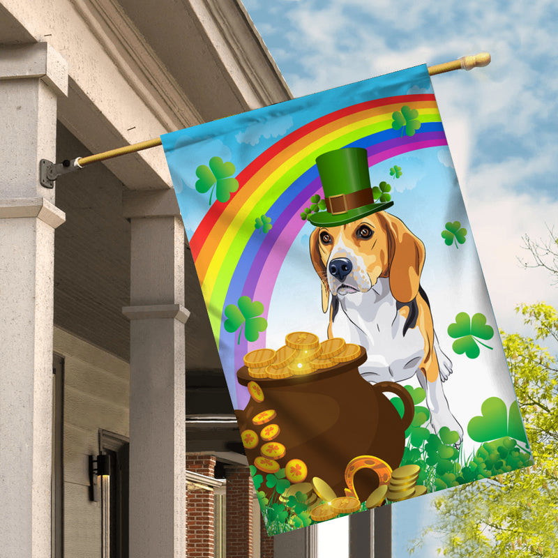 Beagle St Patrick s Day Dog Flag Funny Peeking Dog Wear Green Hat Golden Pot Coin Shamrock Rainbow Spring Banner for Home Decor House Flag mockup 2 800x.jpg