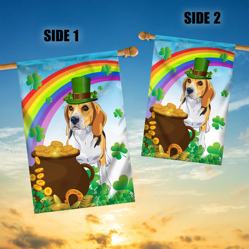 Beagle St Patrick s Day Dog Flag Funny Peeking Dog Wear Green Hat Golden Pot Coin Shamrock Rainbow Spring Banner for Home Decor House Flag mockup 3 800x.jpg
