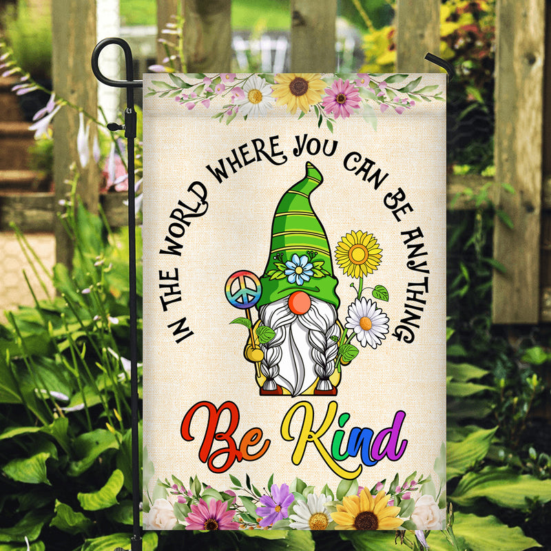 Gnomes In A World Where You Can Be Anything Be Kind Flag Welcome Sunflower Be Kind Rainbow Peace Sign Garden Flag mockup 2 800x.jpg