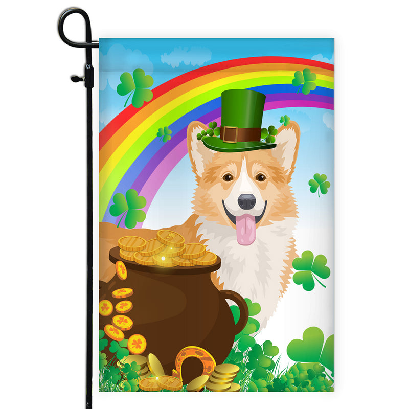 Corgi St Patrick s Day Dog Flag Funny Peeking Dog Wear Green Hat Golden Pot Coin Shamrock Rainbow Spring Banner for Home Decor Garden Flag mockup 1 800x.jpg