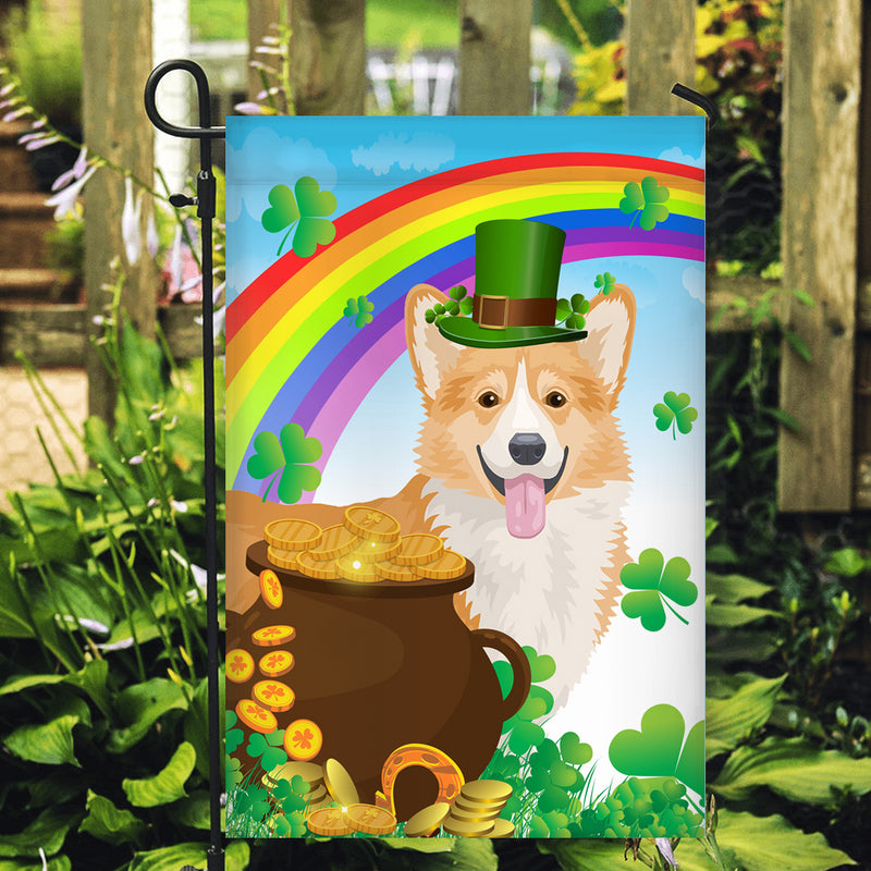 Corgi St Patrick s Day Dog Flag Funny Peeking Dog Wear Green Hat Golden Pot Coin Shamrock Rainbow Spring Banner for Home Decor Garden Flag mockup 2 800x.jpg