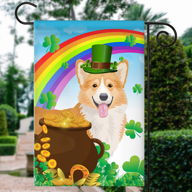 Corgi St Patrick s Day Dog Flag Funny Peeking Dog Wear Green Hat Golden Pot Coin Shamrock Rainbow Spring Banner for Home Decor Garden Flag mockup 3 800x.jpg