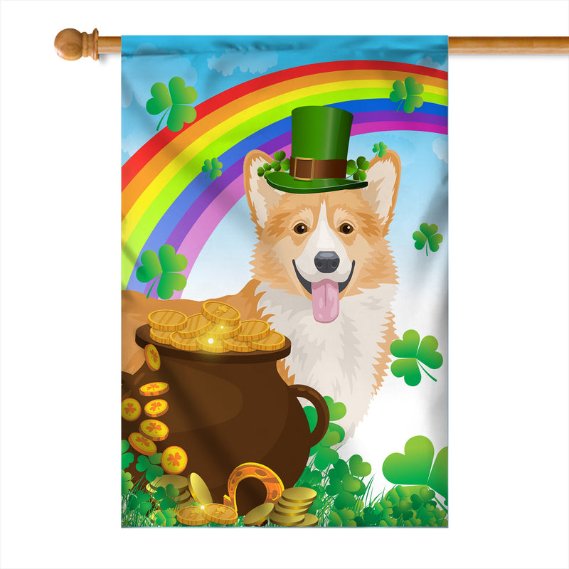 Corgi St Patrick s Day Dog Flag Funny Peeking Dog Wear Green Hat Golden Pot Coin Shamrock Rainbow Spring Banner for Home Decor House Flag mockup 1 800x.jpg