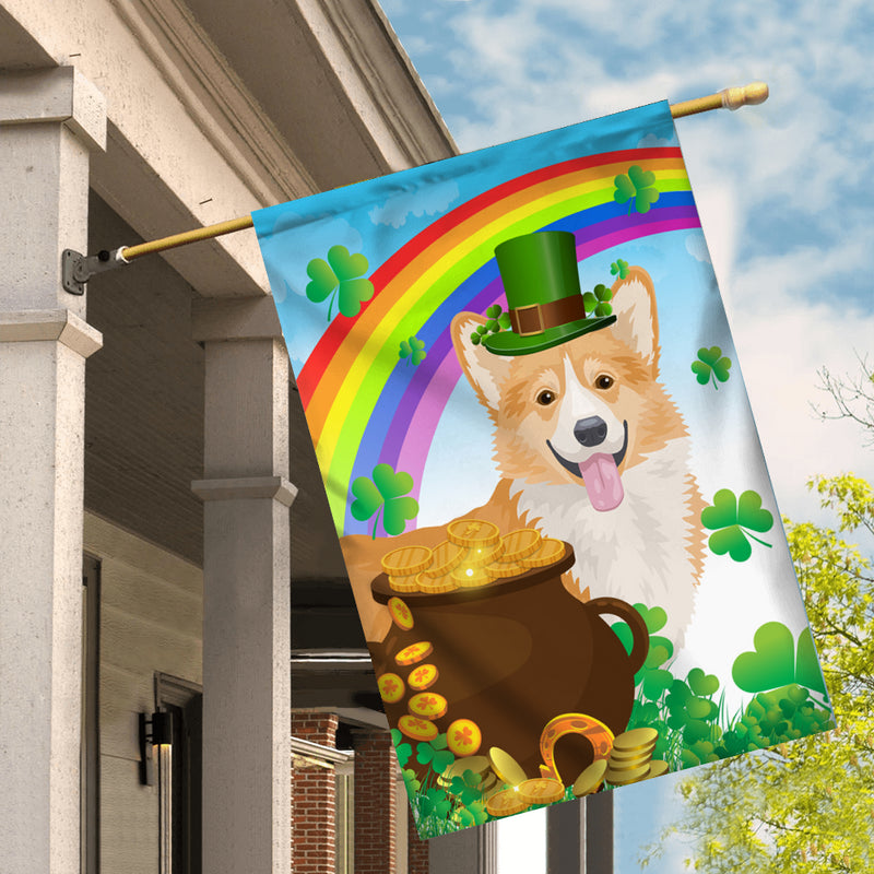 Corgi St Patrick s Day Dog Flag Funny Peeking Dog Wear Green Hat Golden Pot Coin Shamrock Rainbow Spring Banner for Home Decor House Flag mockup 2 800x.jpg