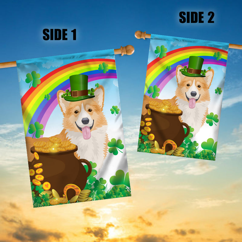 Corgi St Patrick s Day Dog Flag Funny Peeking Dog Wear Green Hat Golden Pot Coin Shamrock Rainbow Spring Banner for Home Decor House Flag mockup 3 800x.jpg