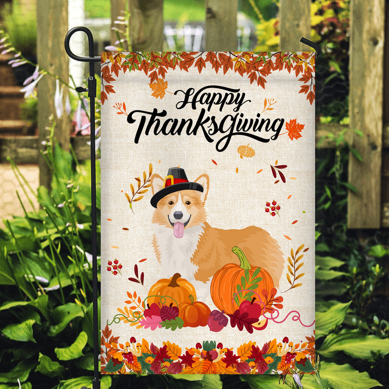 Happy Thanksgiving Funny Corgi Flag Fall Pumpkin Farmhouse Autumn Thanksgiving Garden Flag mockup 2 800x.jpg