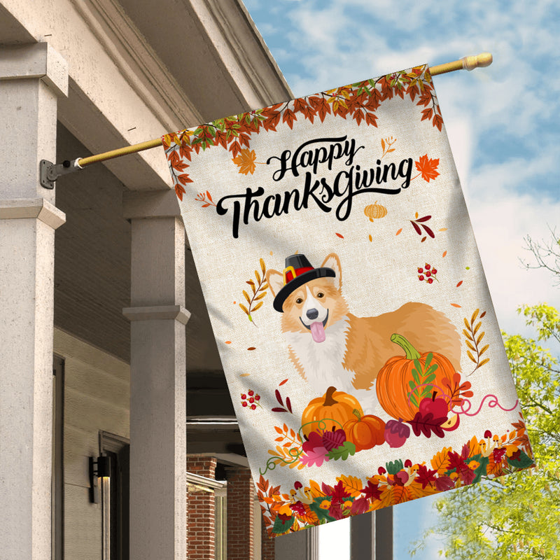 Happy Thanksgiving Funny Corgi Flag Fall Pumpkin Farmhouse Autumn Thanksgiving House Flag mockup 2 800x.jpg