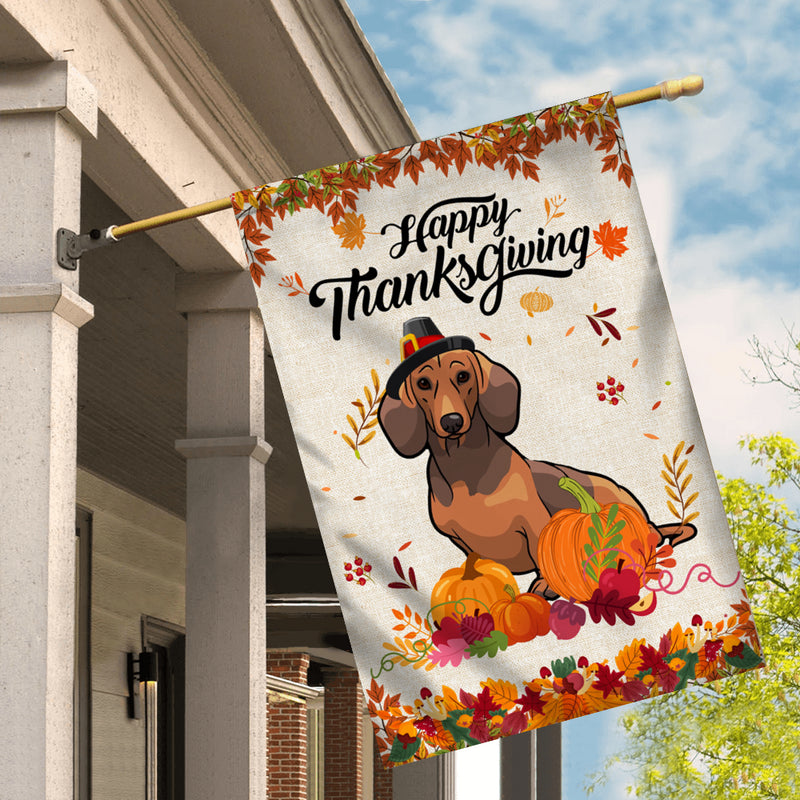 Happy Thanksgiving Funny Dachshund Flag Fall Pumpkin Farmhouse Autumn Thanksgiving House Flag mockup 2 800x.jpg