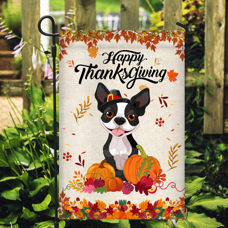 Happy Thanksgiving Funny Boston Terrier Flag Fall Pumpkin Farmhouse Autumn Thanksgiving Garden Flag mockup 2 800x.jpg