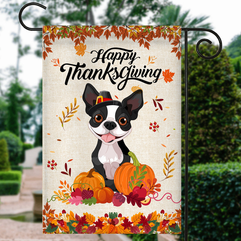 Happy Thanksgiving Funny Boston Terrier Flag Fall Pumpkin Farmhouse Autumn Thanksgiving Garden Flag mockup 3 800x.jpg