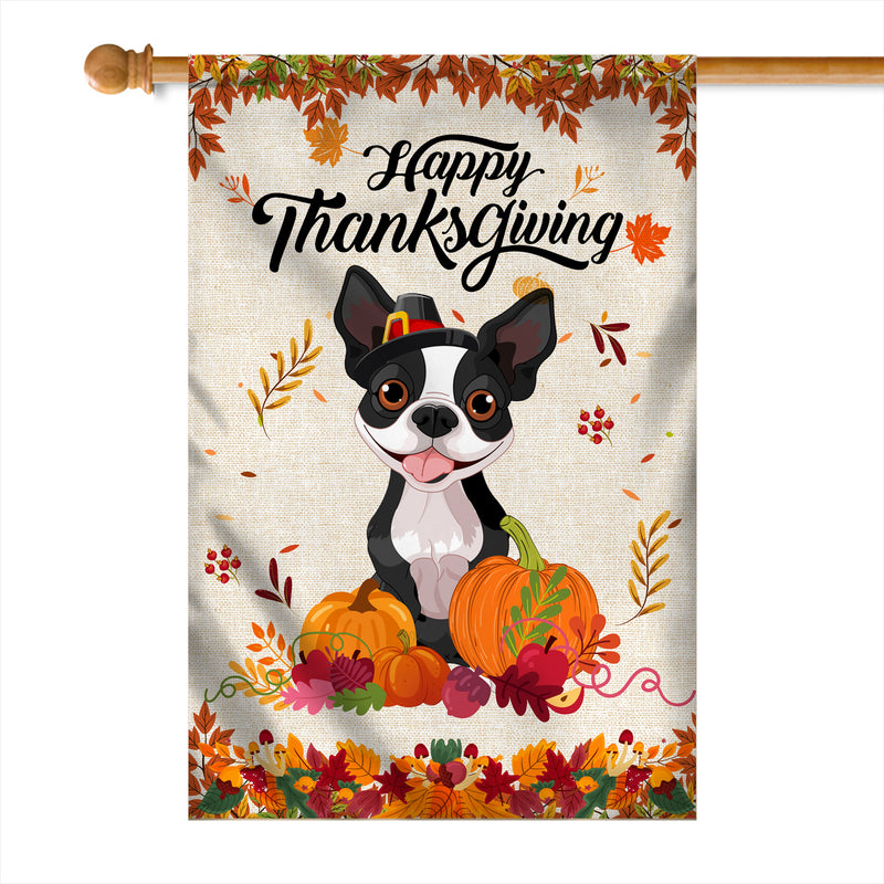 Happy Thanksgiving Funny Boston Terrier Flag Fall Pumpkin Farmhouse Autumn Thanksgiving House Flag mockup 1 800x.jpg