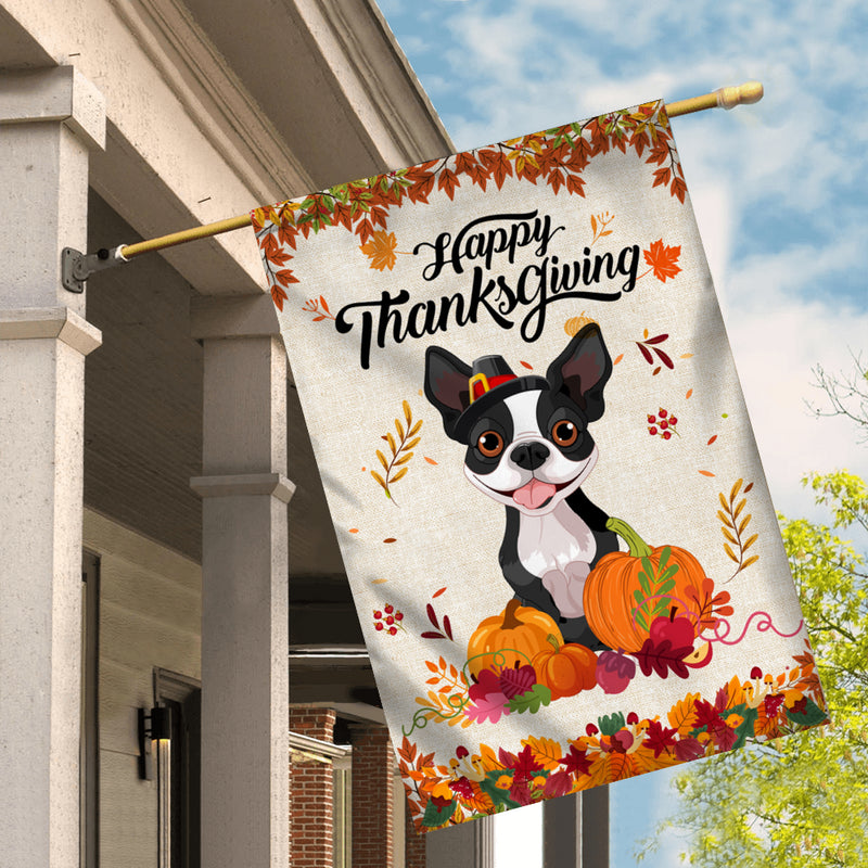 Happy Thanksgiving Funny Boston Terrier Flag Fall Pumpkin Farmhouse Autumn Thanksgiving House Flag mockup 2 800x.jpg