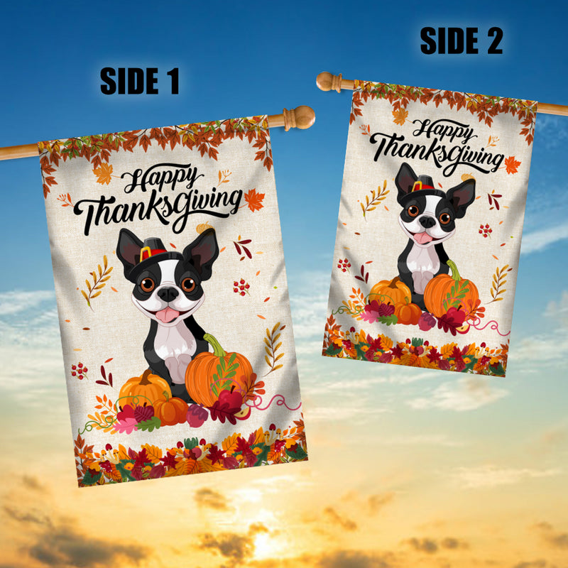 Happy Thanksgiving Funny Boston Terrier Flag Fall Pumpkin Farmhouse Autumn Thanksgiving House Flag mockup 3 800x.jpg