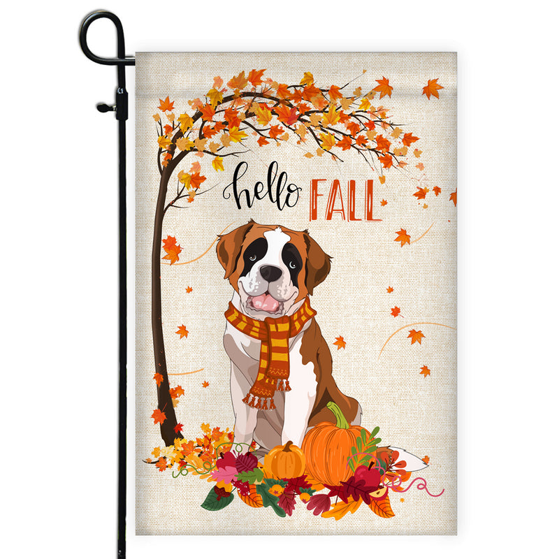 Hello Fall Saint Bernard Dog Flag Maple Leaves Orange Pumpkin Autumn Garden Flag mockup 1 800x.jpg