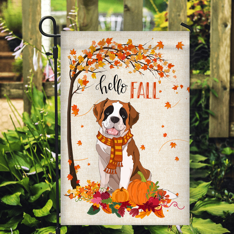 Hello Fall Saint Bernard Dog Flag Maple Leaves Orange Pumpkin Autumn Garden Flag mockup 2 800x.jpg