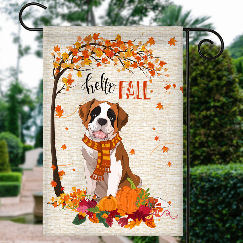 Hello Fall Saint Bernard Dog Flag Maple Leaves Orange Pumpkin Autumn Garden Flag mockup 3 800x.jpg