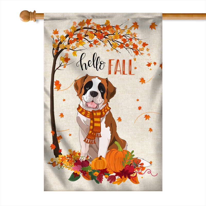 Hello Fall Saint Bernard Dog Flag Maple Leaves Orange Pumpkin Autumn House Flag mockup 1 800x.jpg