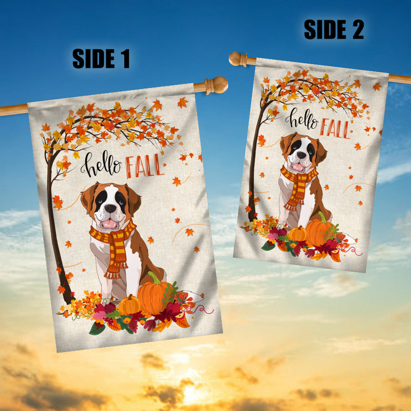 Hello Fall Saint Bernard Dog Flag Maple Leaves Orange Pumpkin Autumn House Flag mockup 3 800x.jpg