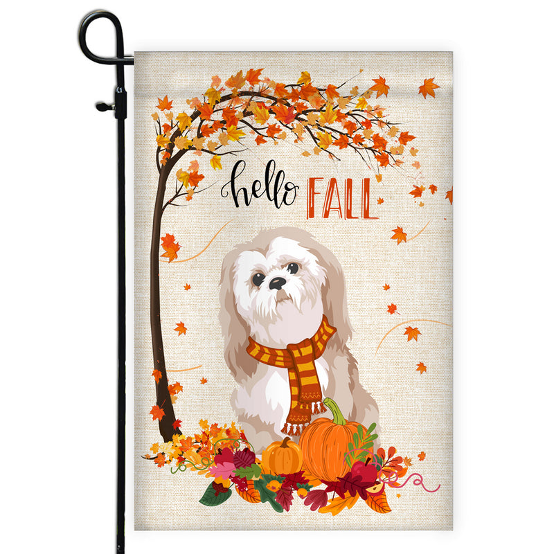 Hello Fall Shih Tzu Dog Flag Maple Leaves Orange Pumpkin Autumn Garden Flag mockup 1 800x.jpg