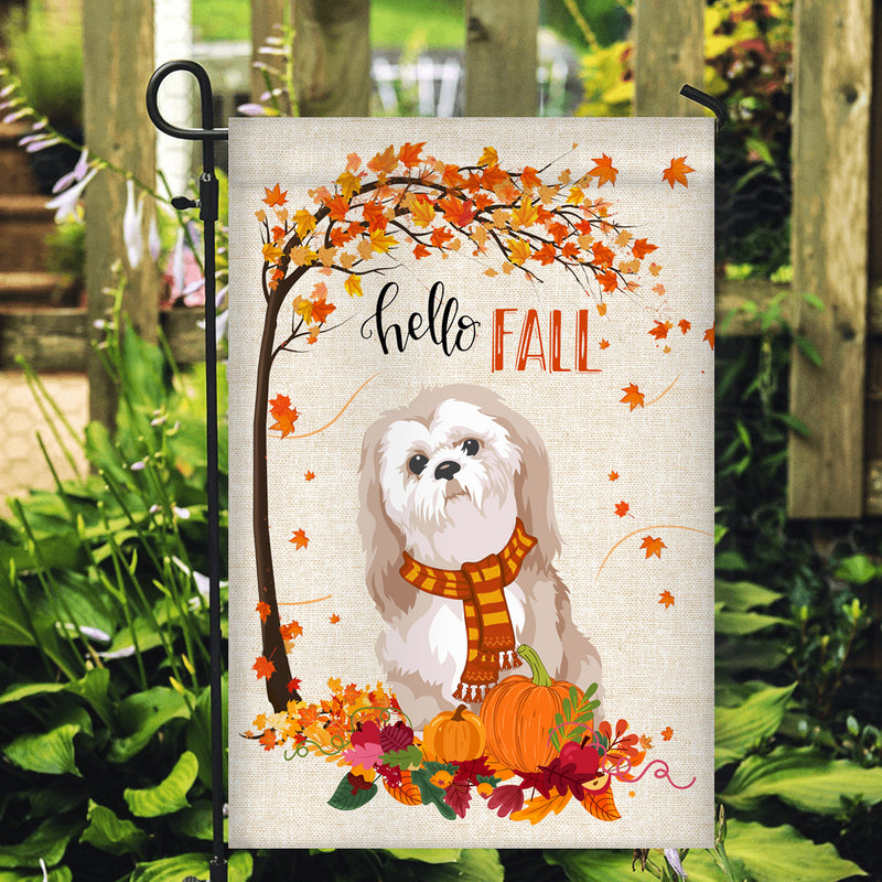 Hello Fall Shih Tzu Dog Flag Maple Leaves Orange Pumpkin Autumn Garden Flag mockup 2 800x.jpg