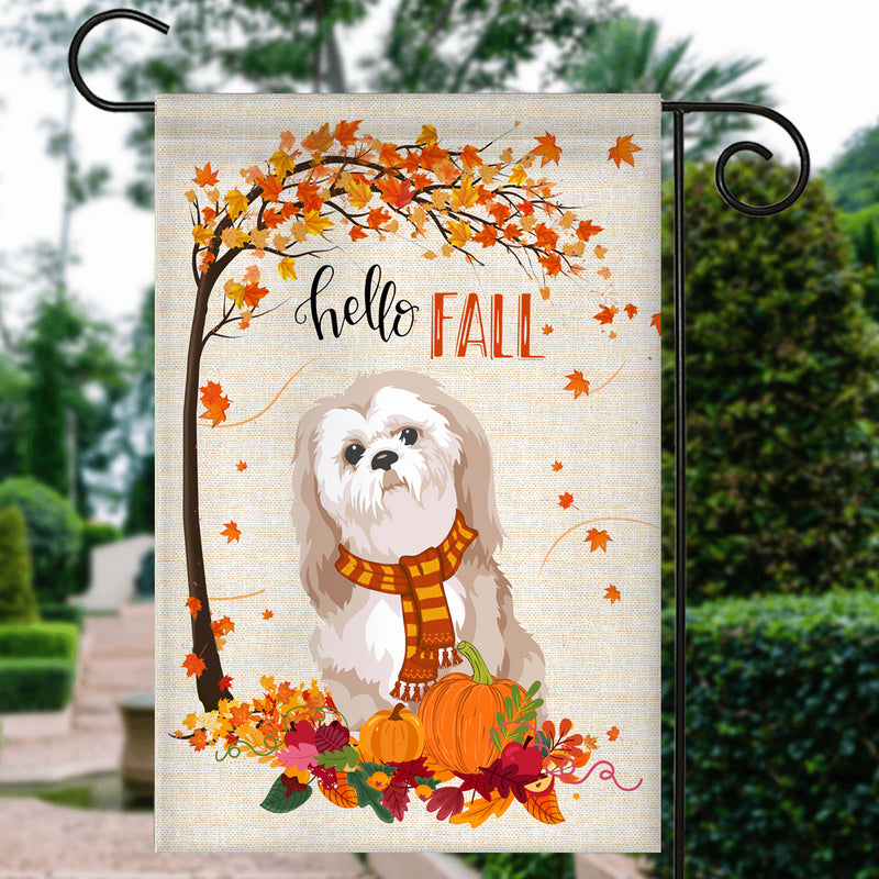Hello Fall Shih Tzu Dog Flag Maple Leaves Orange Pumpkin Autumn Garden Flag mockup 3 800x.jpg