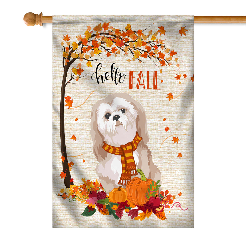 Hello Fall Shih Tzu Dog Flag Maple Leaves Orange Pumpkin Autumn House Flag mockup 1 800x.jpg
