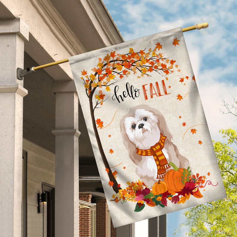 Hello Fall Shih Tzu Dog Flag Maple Leaves Orange Pumpkin Autumn House Flag mockup 2 800x.jpg