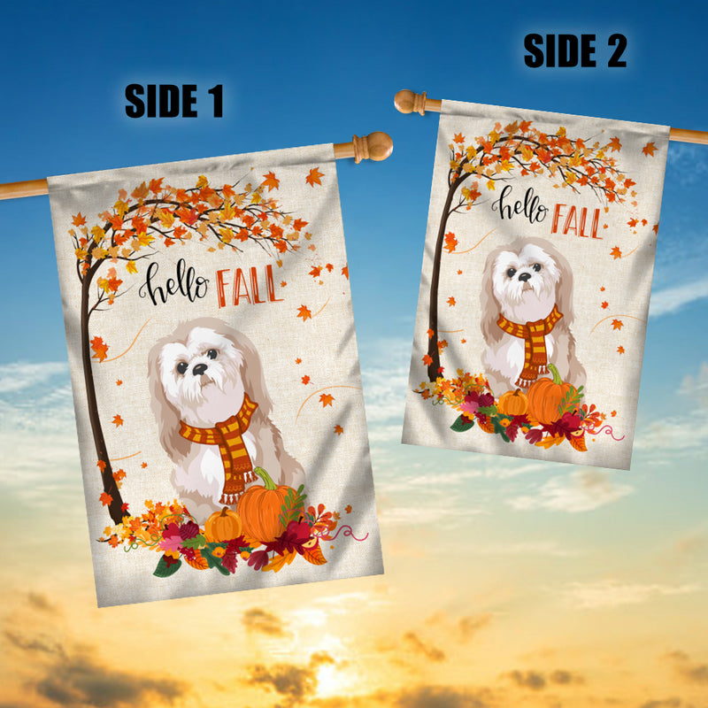 Hello Fall Shih Tzu Dog Flag Maple Leaves Orange Pumpkin Autumn House Flag mockup 3 800x.jpg