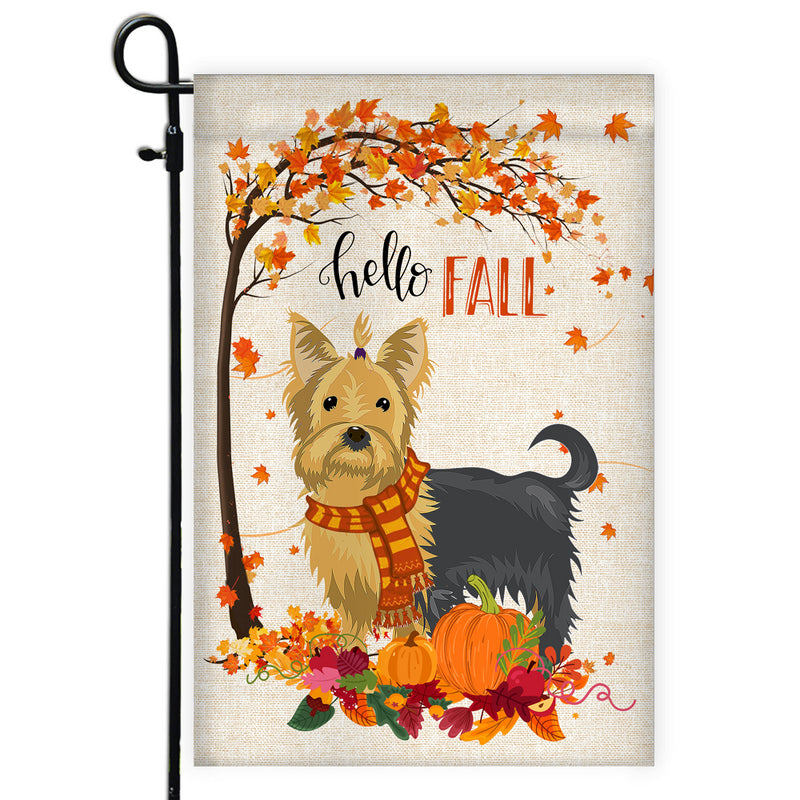 Hello Fall Yorkie Dog Flag Maple Leaves Orange Pumpkin Autumn Garden Flag mockup 1 800x.jpg