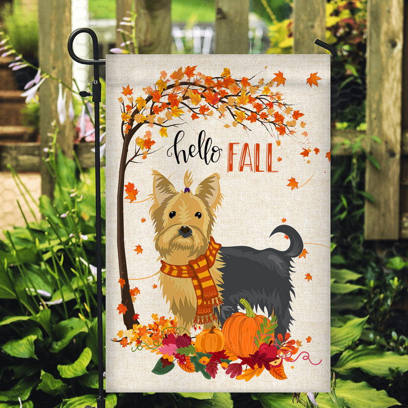 Hello Fall Yorkie Dog Flag Maple Leaves Orange Pumpkin Autumn Garden Flag mockup 2 800x.jpg