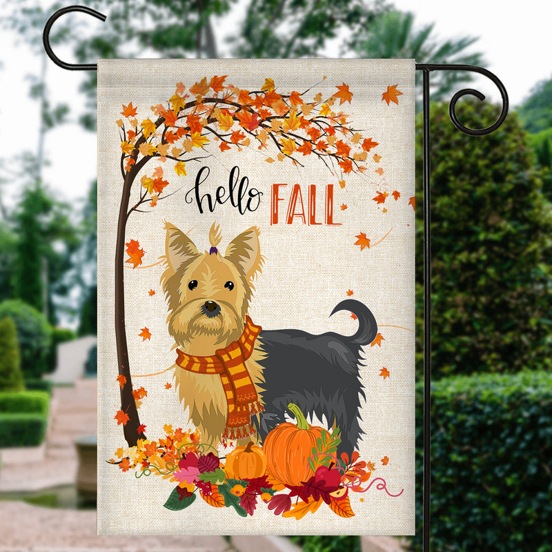 Hello Fall Yorkie Dog Flag Maple Leaves Orange Pumpkin Autumn Garden Flag mockup 3 800x.jpg